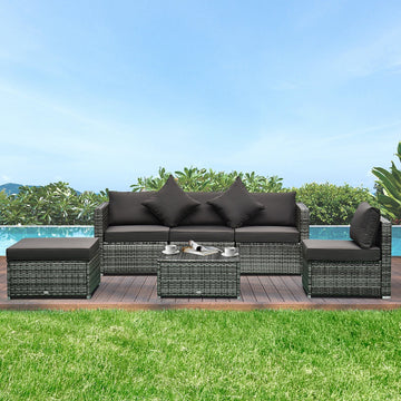 6 Pieces Rattan Garden Furniture Set, 5 Seater Sectional Garden Corner Sofa Set with Glass Top Coffee Table, Cushions and Pillows, All-Weather Wicker Conversation Furniture, Grey