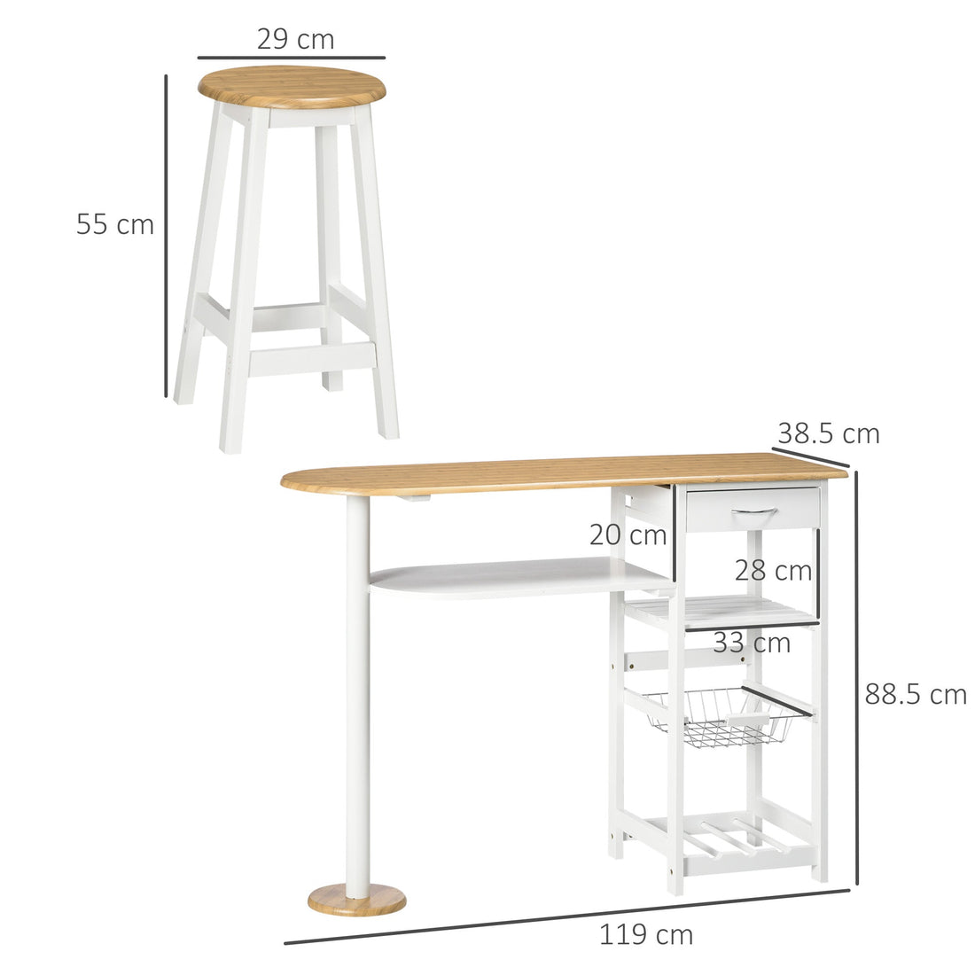 3 Piece Bar Table Set, Breakfast Bar table and Stools with Storage Shelf, Drawer, Wire Basket and Wine Rack for Kitchen, Home Bar, Natural and White