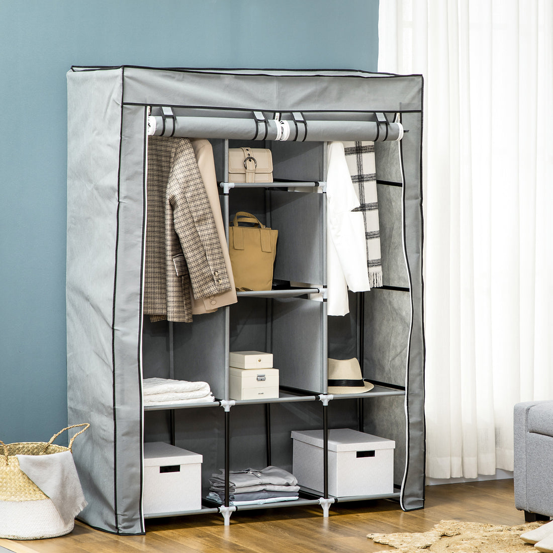 Fabric Wardrobe, with Rails and Shelves - Light Grey