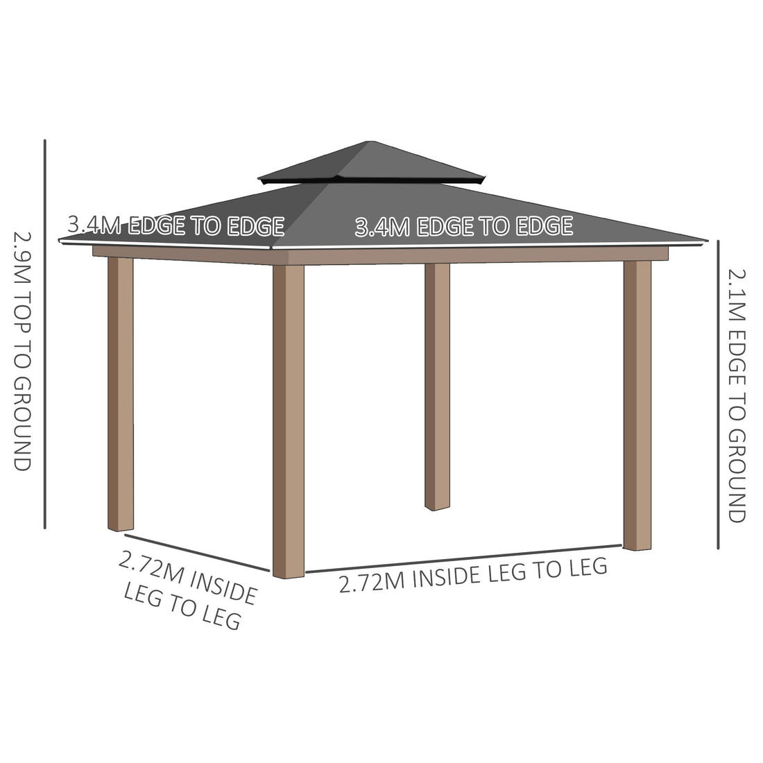 3.5 x 3.5m Outdoor Hardtop Gazebo Canopy with Two-tier Metal Roof and Solid Wood Frame Outdoor Patio Shelter for Patio, Garden, Grey
