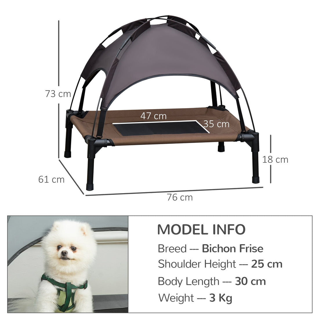Raised Dog Bed Waterproof Elevated Pet Cot with Breathable Mesh UV Protection Canopy Coffee, for Medium Dogs, 76 x 61 x 73cm
