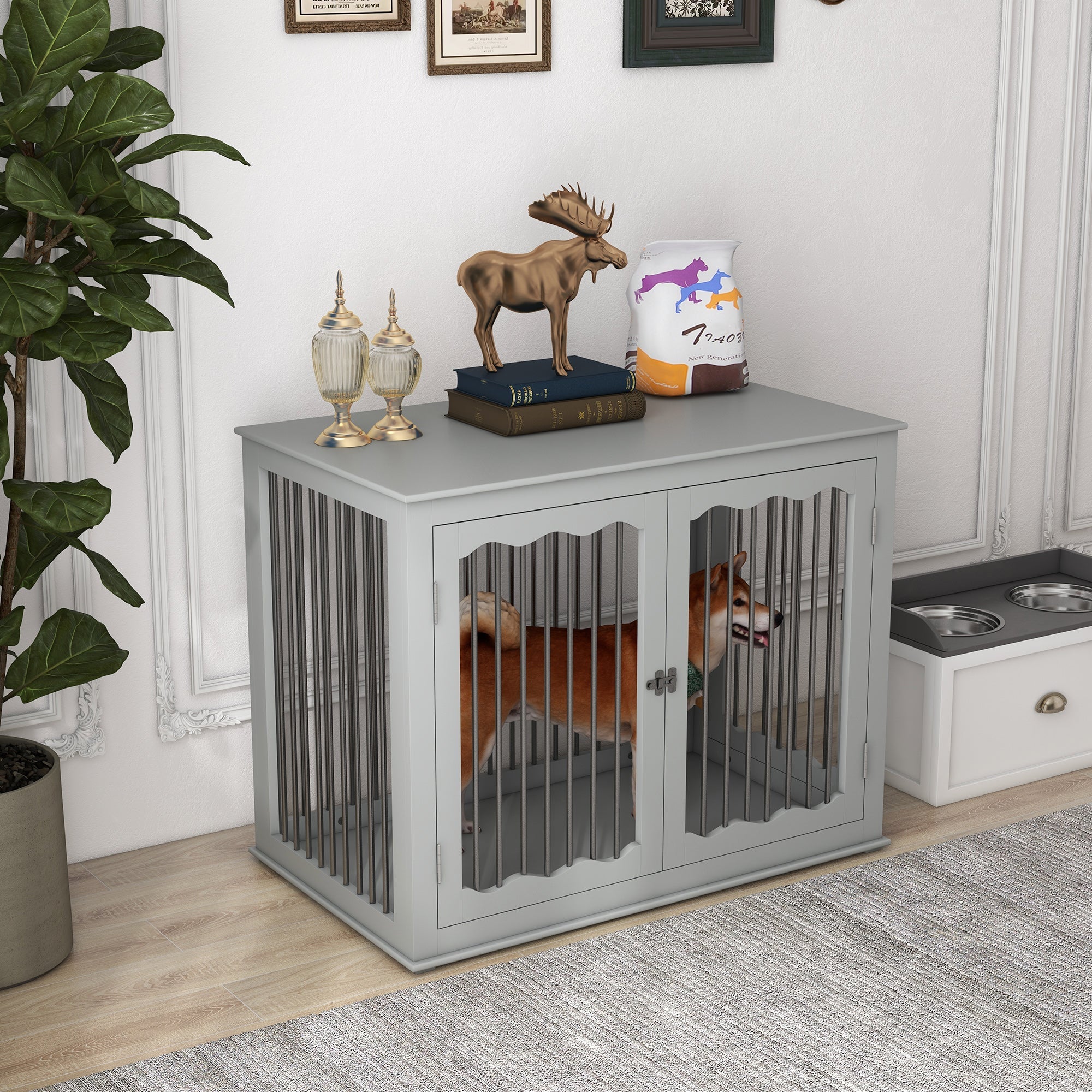 Dog Crate, End Table, with Three Doors, Locks, Latches for Large Dogs, Indoor Use - Grey