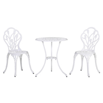 3 Piece Patio Bistro Set for 2, Outdoor Aluminium Garden Table and Chairs with Umbrella Hole for Balcony, White