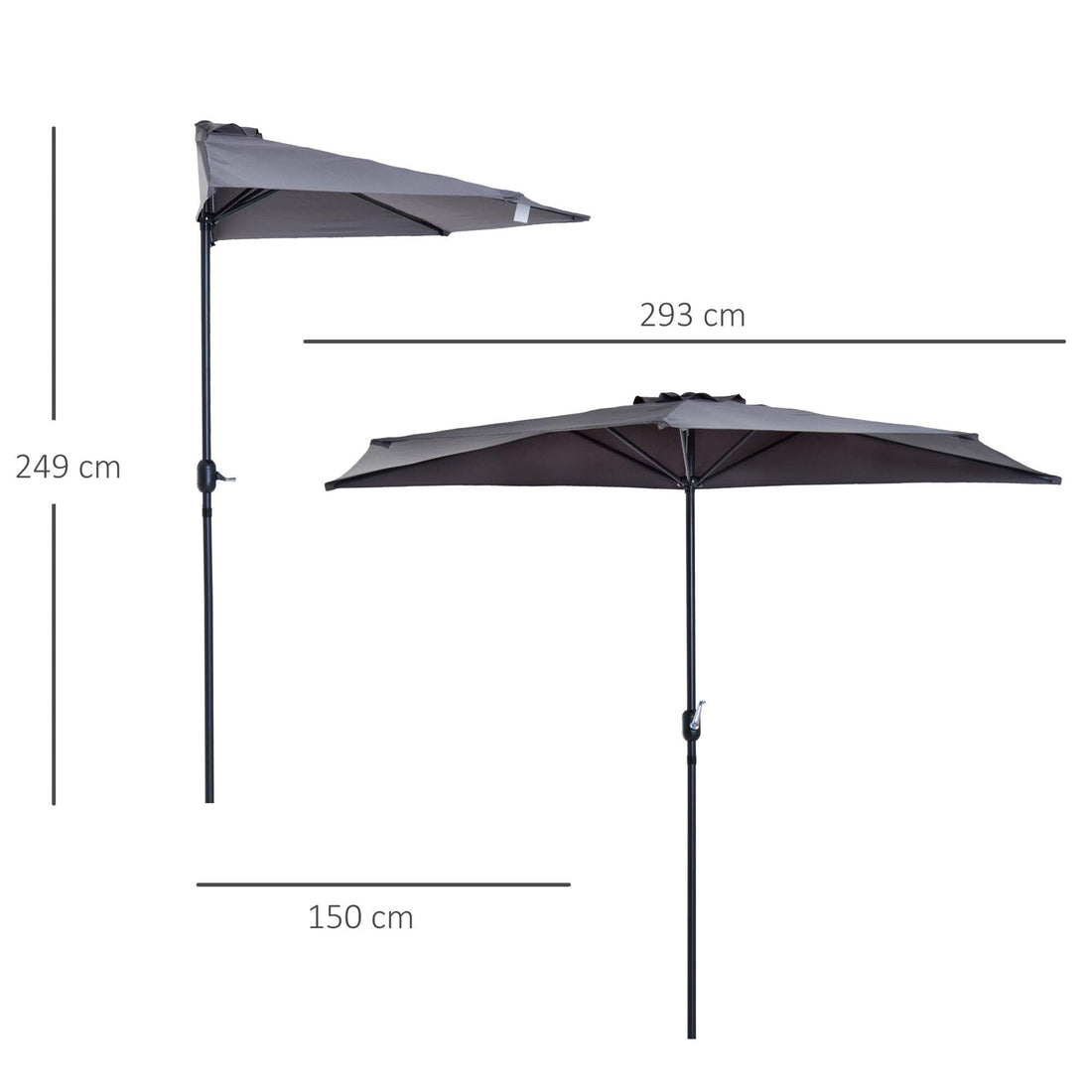 3(m) Half Parasol Semi Round Umbrella Patio Metal Frame Crank Handle for Balcony-- NO BASE INCLUDED, Grey