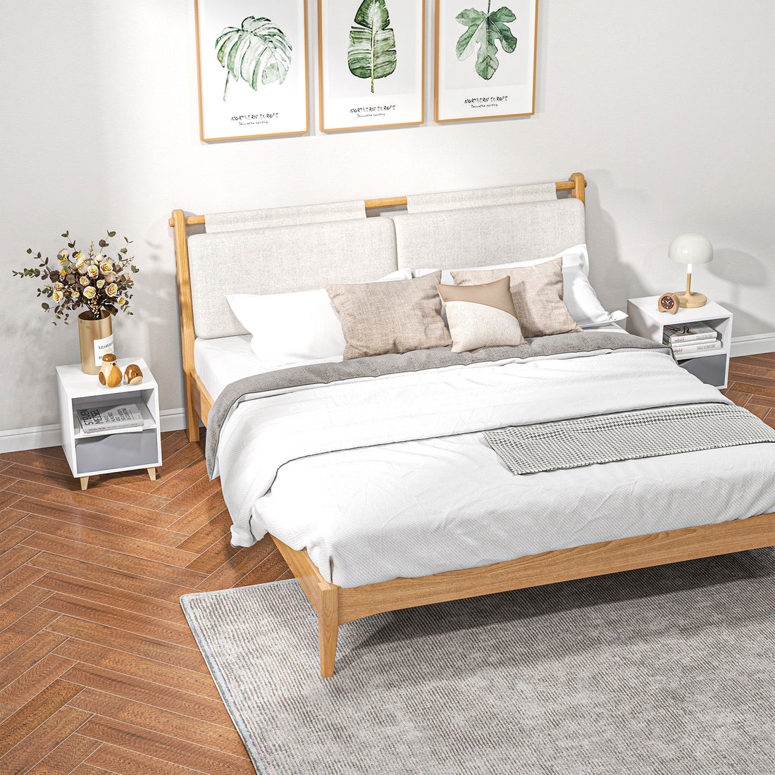 Set of 2 Modern Bedside Tables with Shelves, Drawers and Wood Legs, 36.8cm x 33cm x 43.8cm, White and Grey