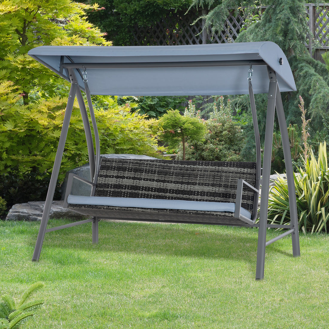 2-3 Seater Outdoor Garden Rattan Swing Chair with Adjustable Canopy Removable Cushion Hammock Seater Bench Bed Lounger, Mixed Grey