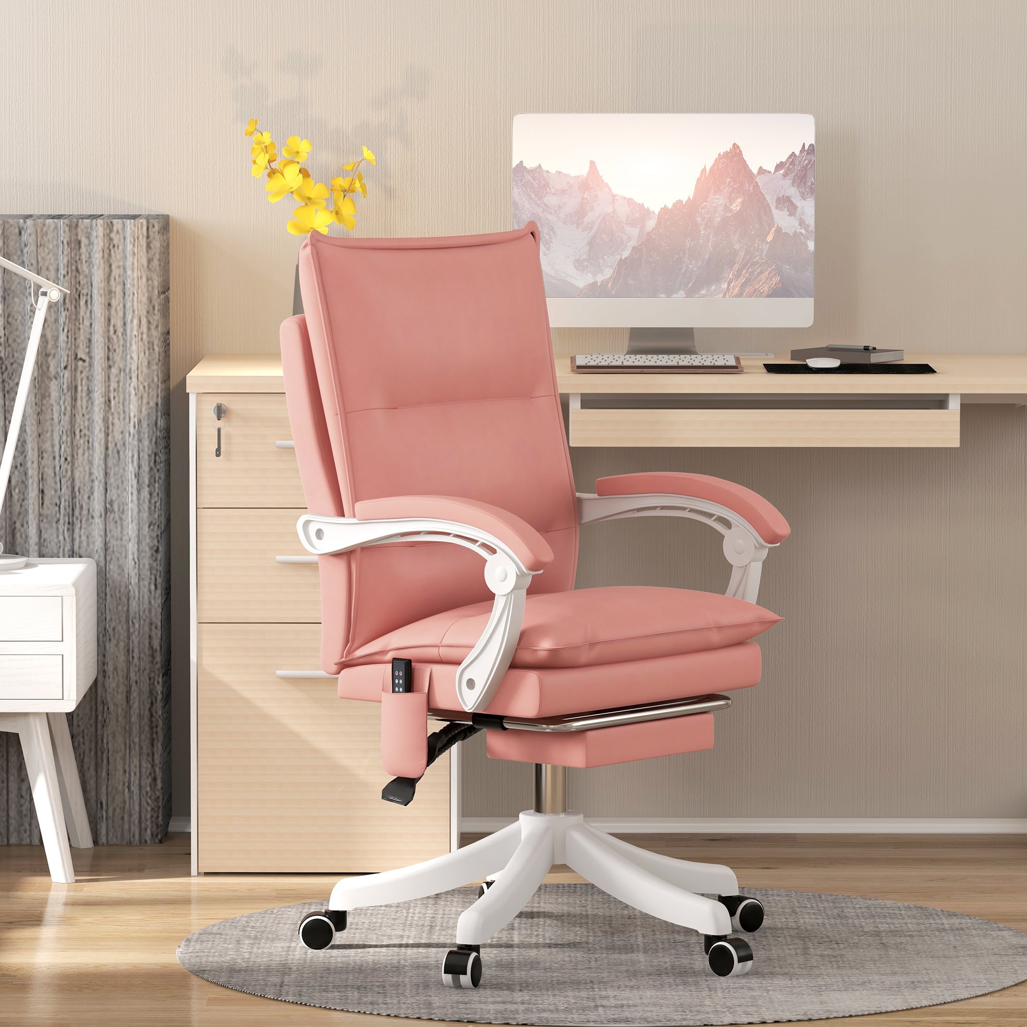 Vibration Massage Office Chair with Heat, Ergonomic Computer Desk Chairs, Faux Leather Desk Chair with Footrest, Armrest and Reclining Backrest, Pink