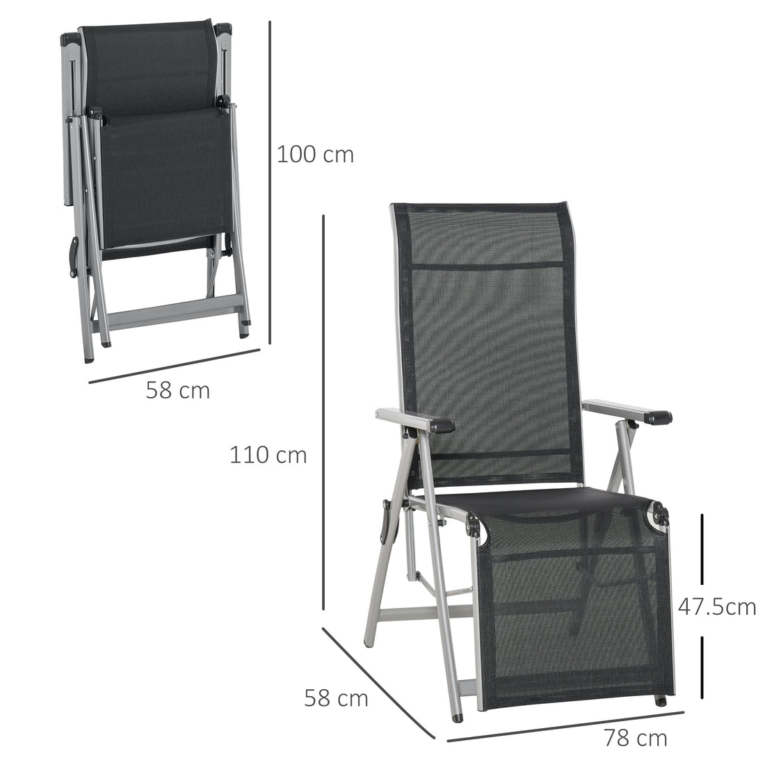 Outdoor Sun Lounger 10-Position Adjustable Texteline Folding Reclining Chairs with Footrest for Patio Garden, Black