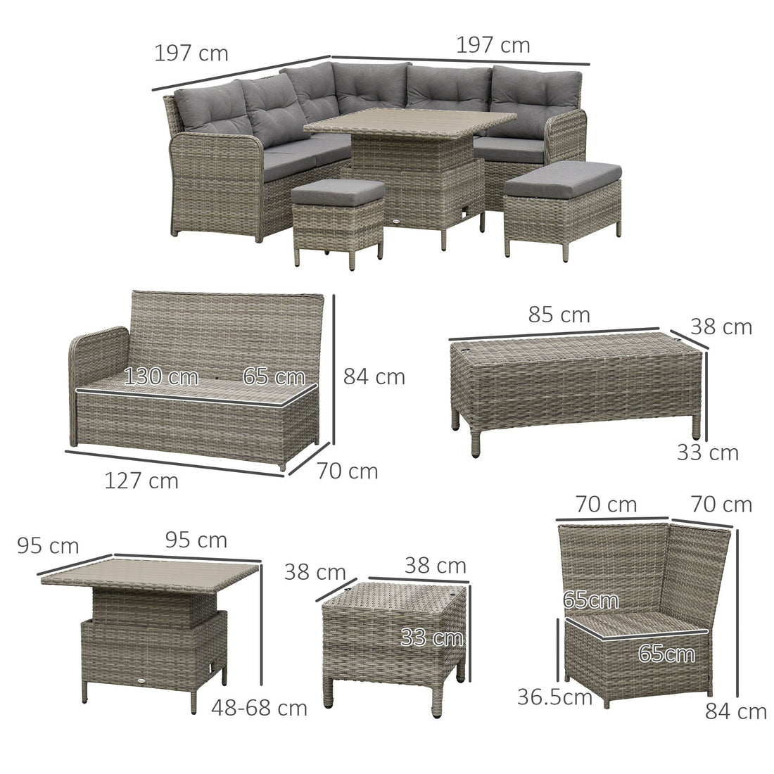 6 Pieces Outdoor PE Rattan Garden Furniture, Patio Wicker Sectional Conversation Corner Sofa w/ Soft Padded Cushion & Liftable Coffee Table, Grey