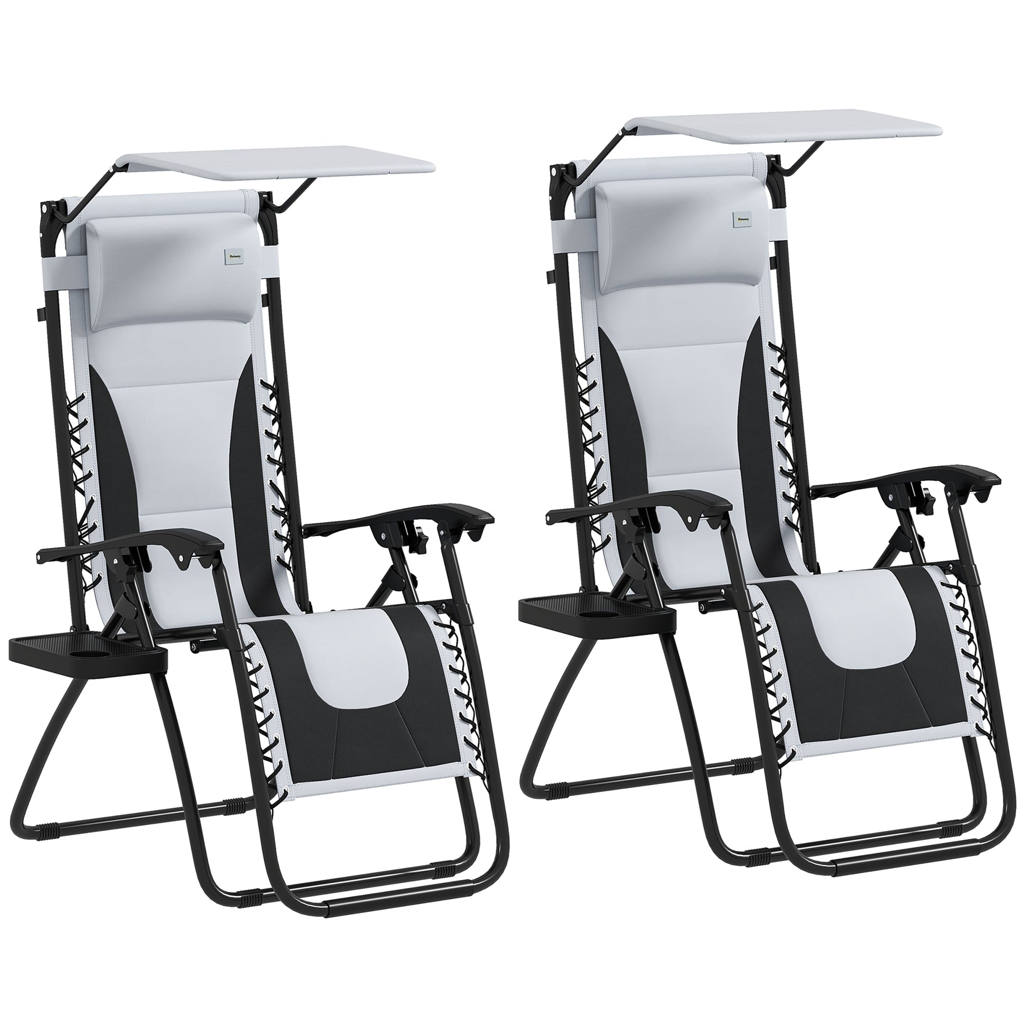 Zero Gravity Lounger Chair Set of 2, Folding Reclining Patio Chair with Shade Cover, Padded Seat, Cup Holder, Soft Cushion and Headrest for Poolside, Camping, Light Grey