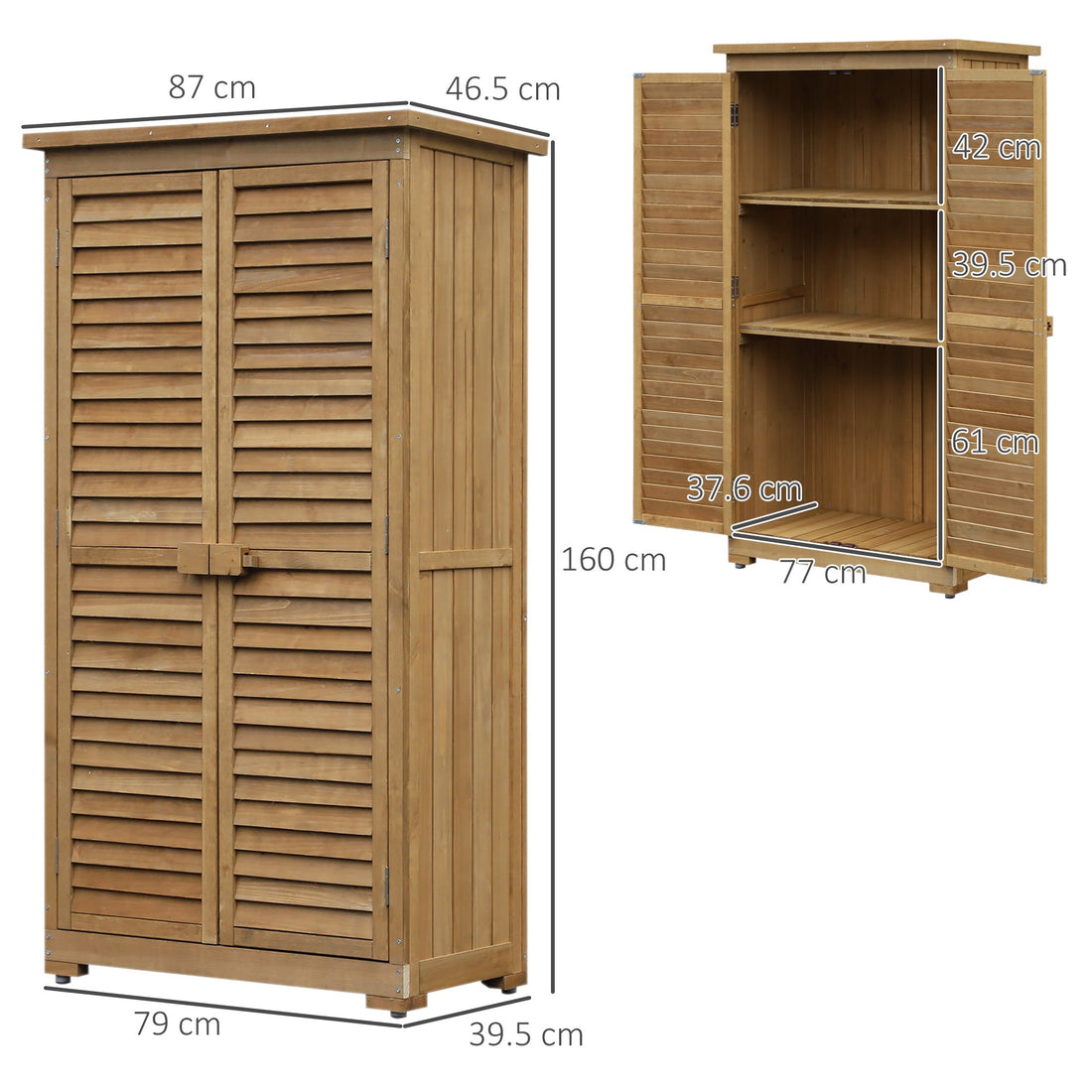 Wooden Garden Storage Shed, Compact Utility Sentry Unit, 3-Tier Shelves Tool Cabinet Organizer with Asphalt Roof and Shutter Design, 87cm x 47cm x 160cm
