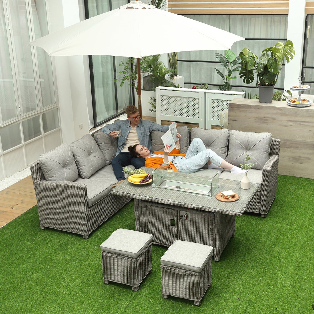 8-Seater Outdoor PE Rattan Sofa Set Conversation Set w/ Fire Pit Table, L-Shape Sofa, Footstool and Furniture Cover