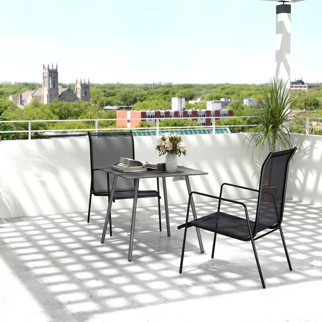 Square Garden Table with Slat Top, Steel Frame, Outdoor Table for 4 Person, 80 x 80 x 74 cm, Grey