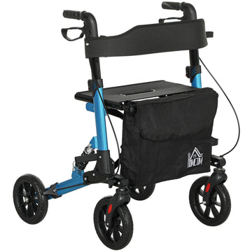 Folding Rollator Walker with Seat, Backrest, Lightweight Walking Frame with Storage Bag, Dual Brakes, Adjustable Handle Height, Suspension System, 4 Wheeled Walker for Seniors, Blue