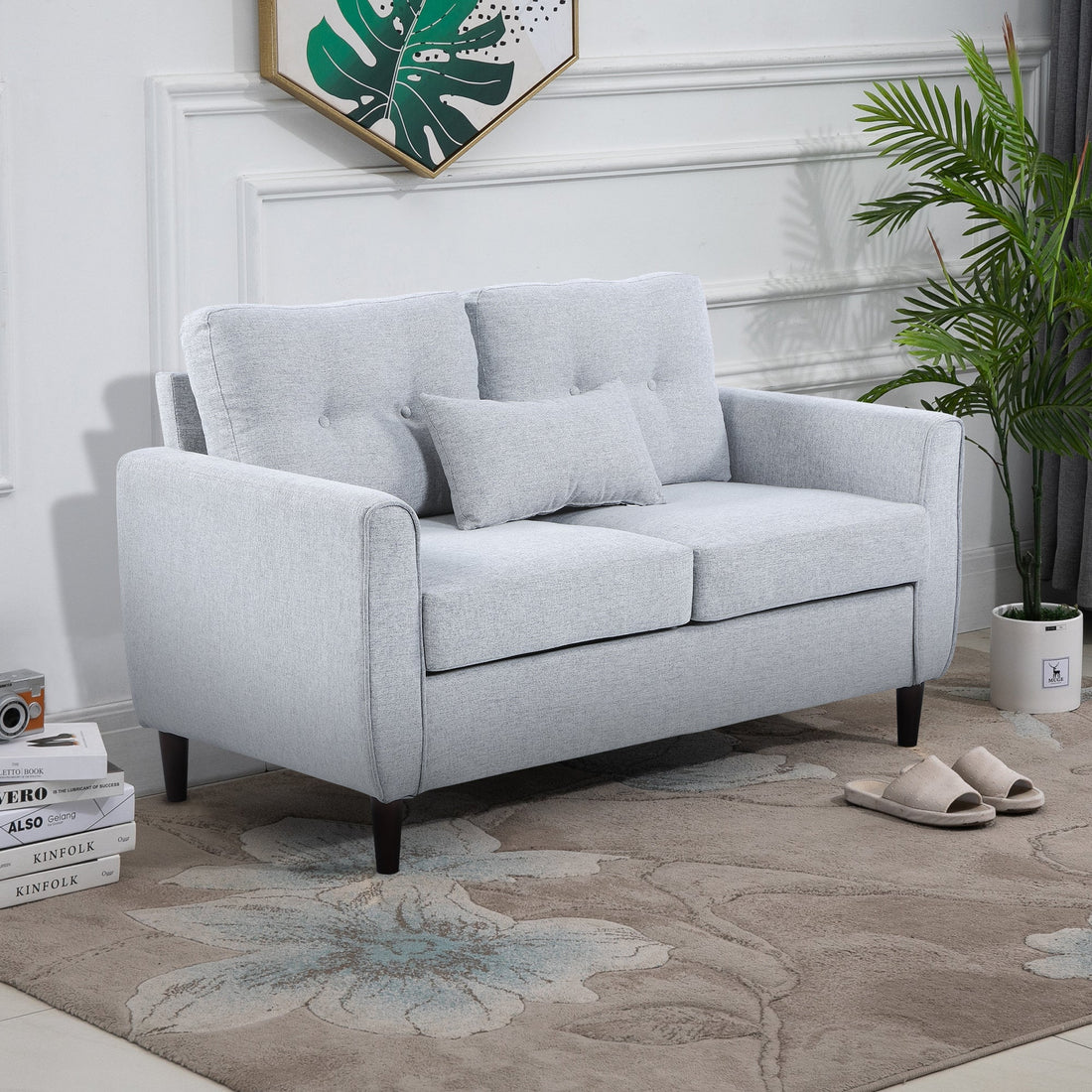 2 Seater Sofa Double Sofa Loveseat Fabric Wooden Legs Tufted Design for Living Room, Dining Room, Office, Light Grey
