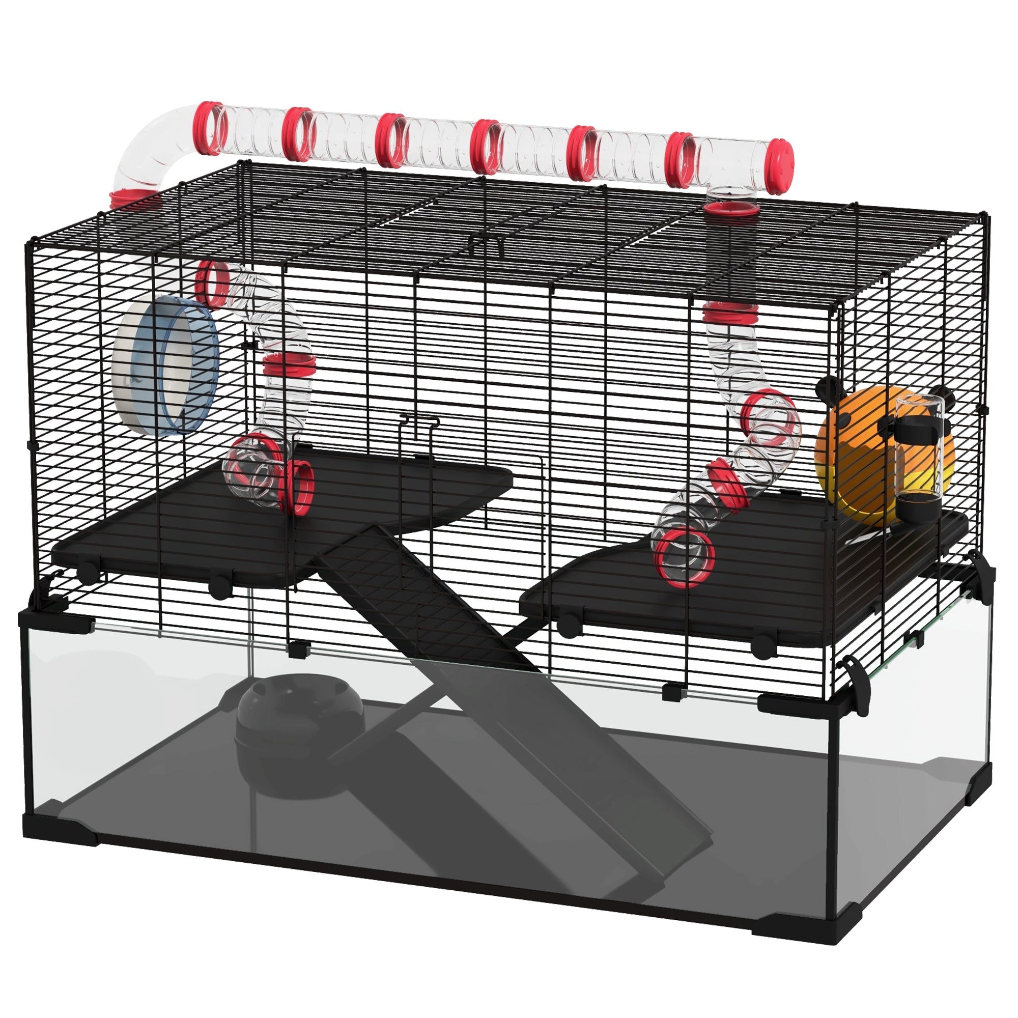 Gerbil Cage, Dwarf Hamster Cage, with Deep Glass Bottom, Tunnels, Ramps, Hut, Exercise Wheel, 78.5 x 48.5 x 57cm