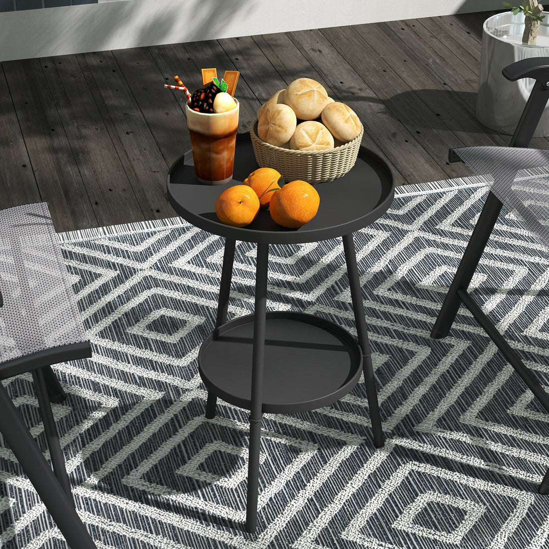Round Garden Table, 2-Tier Small Side Table, Metal Patio Table Coffee Table Dining Table for Porch Deck Balcony, Black