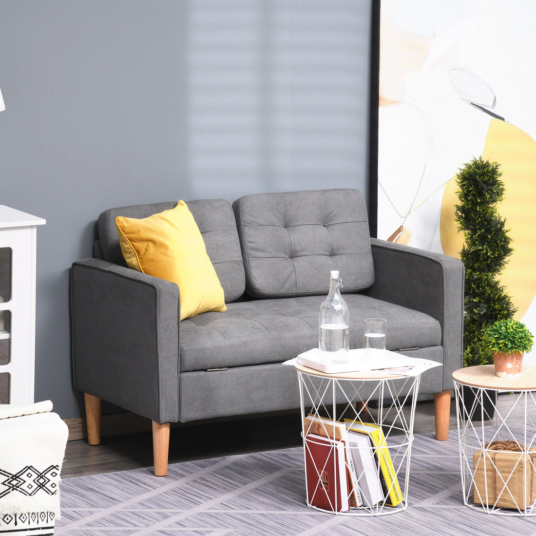 Modern 2 Seater Sofa with Hidden Storage, 117cm Tufted Cotton Couch with Wood Legs, Compact Loveseat for Living Room, Kitchen, Grey