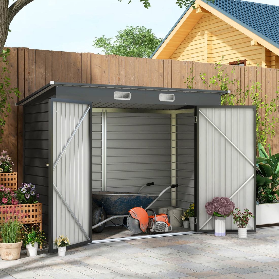3.7 x 7.9ft Galvanised Steel Shed, with Latched Door and Padlock - Grey
