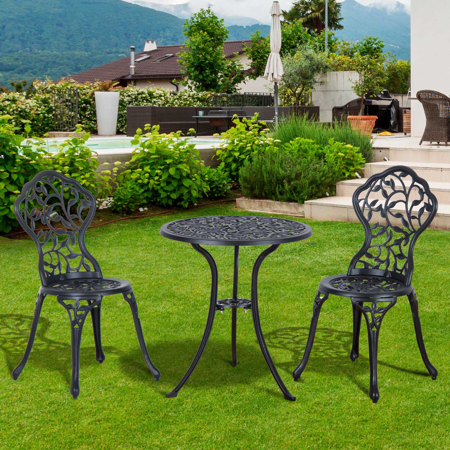 3 Pcs Aluminium Bistro Set Garden Furniture Dining Table Chairs Antique Outdoor Seat Patio Seater Black
