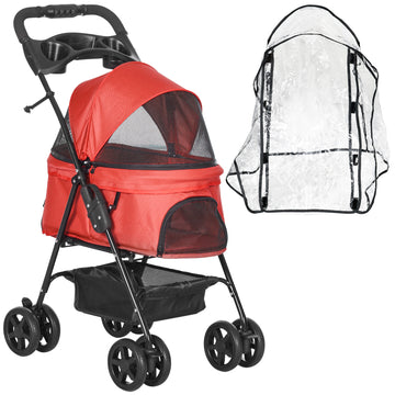 Dog Stroller with Rain Cover, Dog Pushchair One-Click Fold Trolley Jogger with EVA Wheels Brake Basket Adjustable Canopy Safety Leash for Small Dogs, Red
