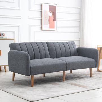 3 Seater Sofa Bed, Convertible Linen Fabric Sofa Couch, Click Clack Sofabed with Adjustable Split Backrest for Living Room, Bedroom, Guest Room, Grey