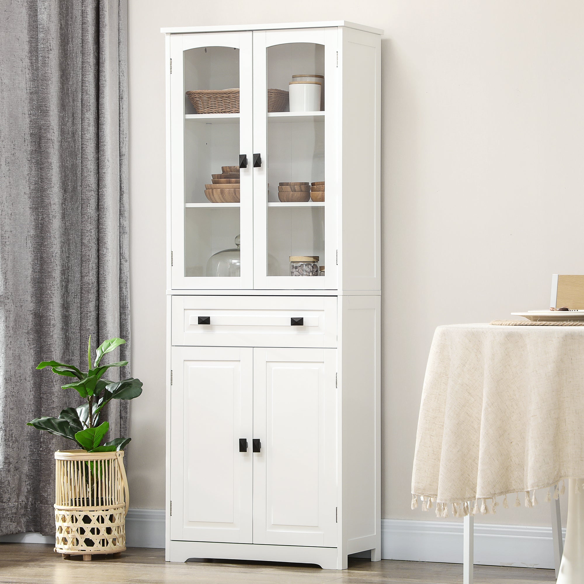 Kitchen Cupboard, Freestanding Storage Cabinet with 2 Adjustable Shelves, Drawer and Glass Door for Living Room, Dining Room, 160cm, White