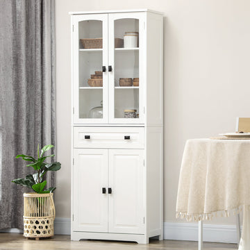 Kitchen Cupboard, Freestanding Storage Cabinet with 2 Adjustable Shelves, Drawer and Glass Door for Living Room, Dining Room, 160cm, White