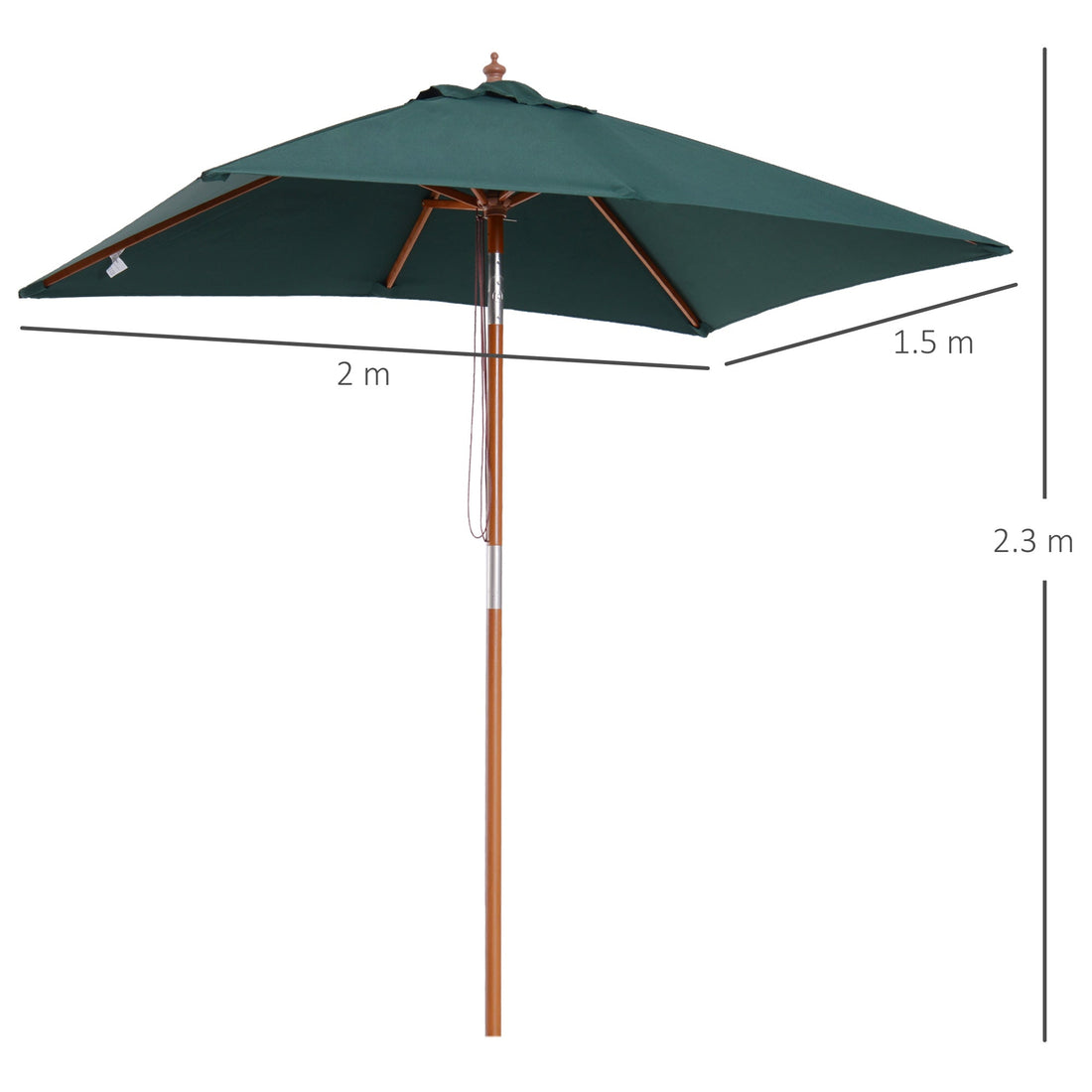 2m x 1.5m Garden Parasol Umbrella with Tilting Sunshade Canopy, Outdoor Market Table Umbrella with Wood and Bamboo Frame, Green