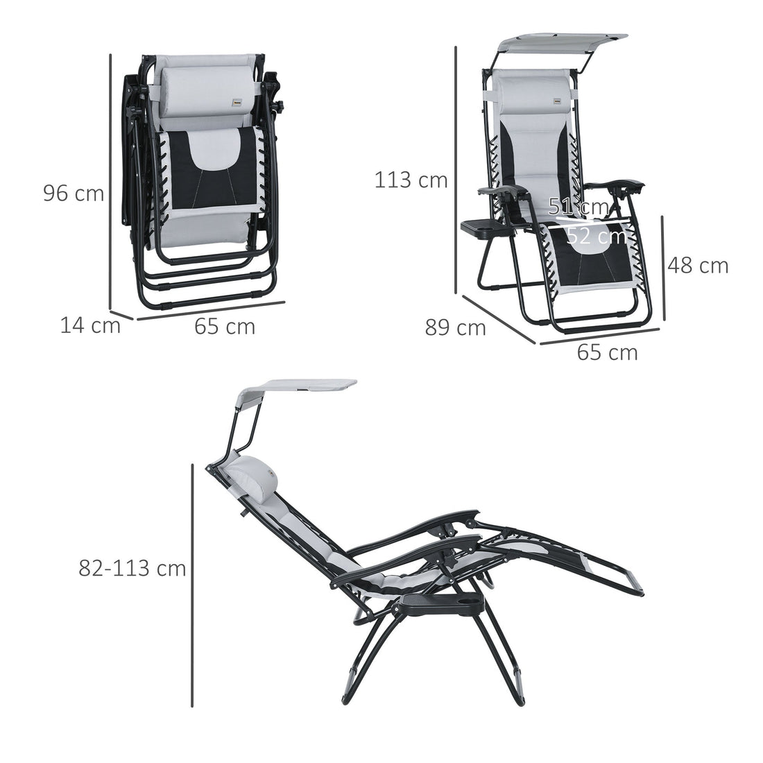 Zero Gravity Lounger Chair, Folding Reclining Patio Chair with Shade Cover, Padded Seat, Cup Holder, Soft Cushion and Headrest for Poolside, Camping, Grey