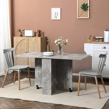 Folding Dining Table, Drop Leaf Table with 2-Tier Shelves, Rolling Casters, for Small Spaces, Kitchen, Cement Grey