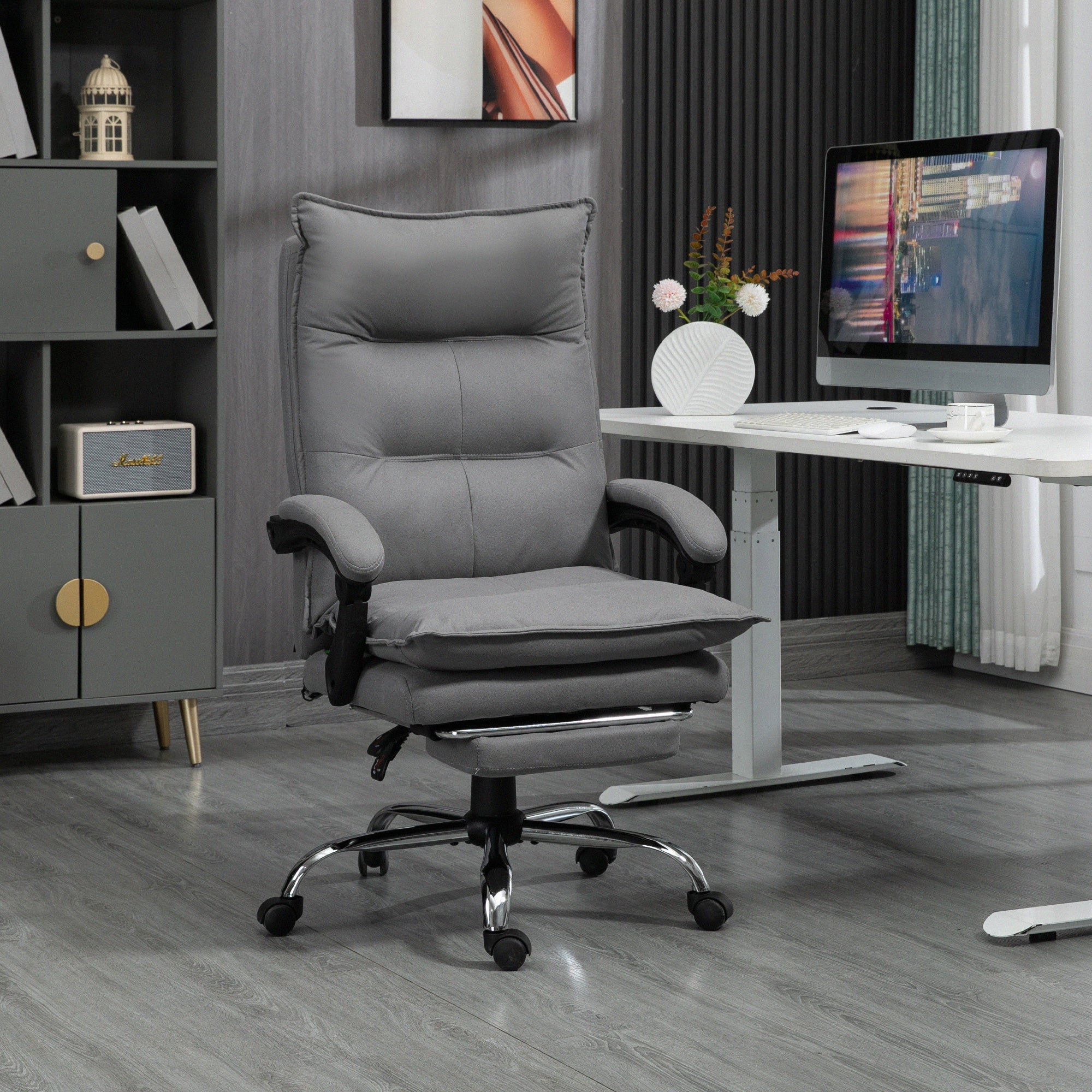 Massage Office Chair with Footrest, Desk Chair with 6 Point Massage and Heat, 155° Reclining Back for Home, Thick Padding, Grey