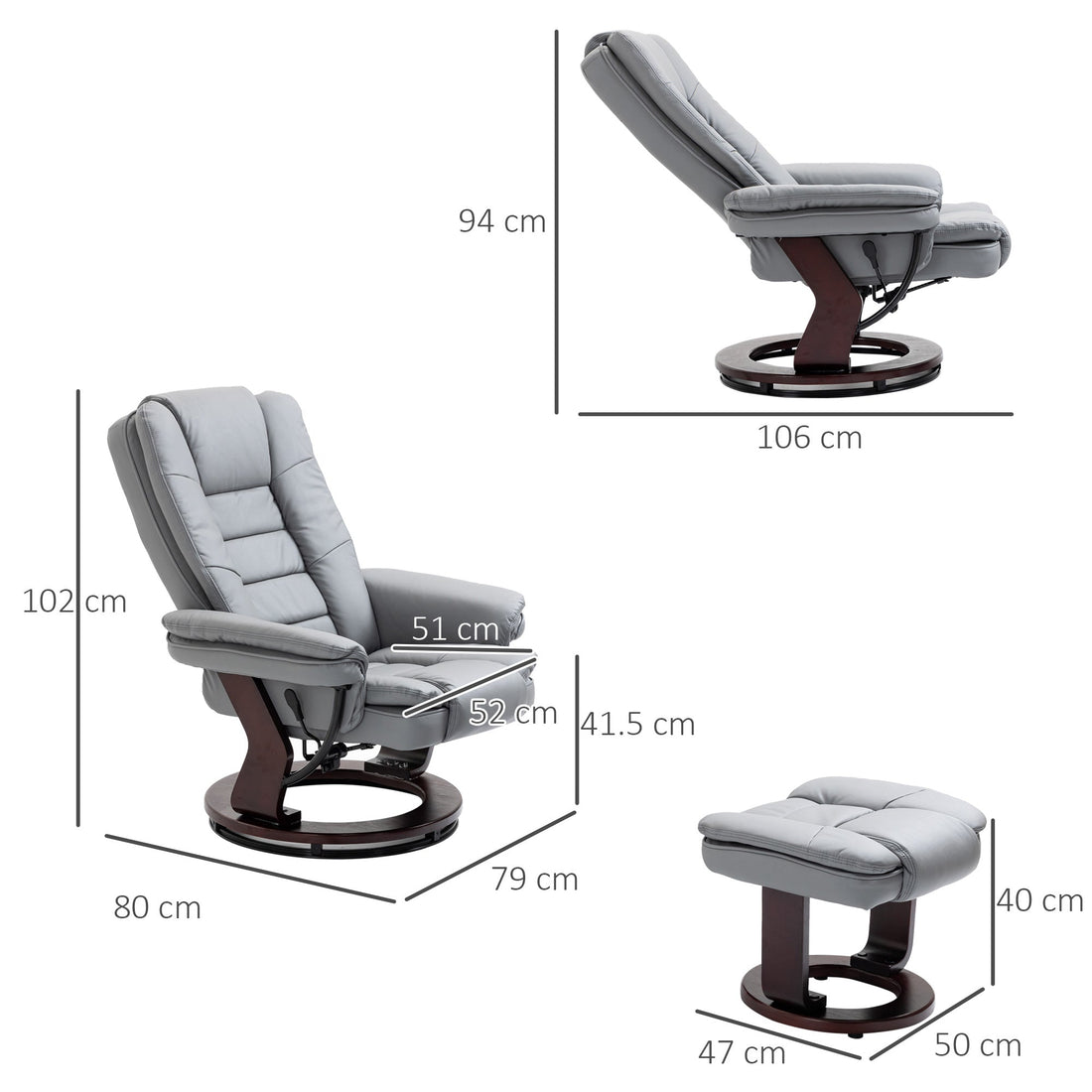 Recliner Chair With footstool, Recliner Armchair up to 130kg Weight Capacity, 135° Reclining Swivel Sofa Chair, PU Leather Ergonomic Couch Bed with Swivel Wood Base for Living Room, Grey