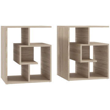 Side Table, 3 Tier End Table with Open Storage Shelves for Living Room, Bedroom, Set of 2, Oak