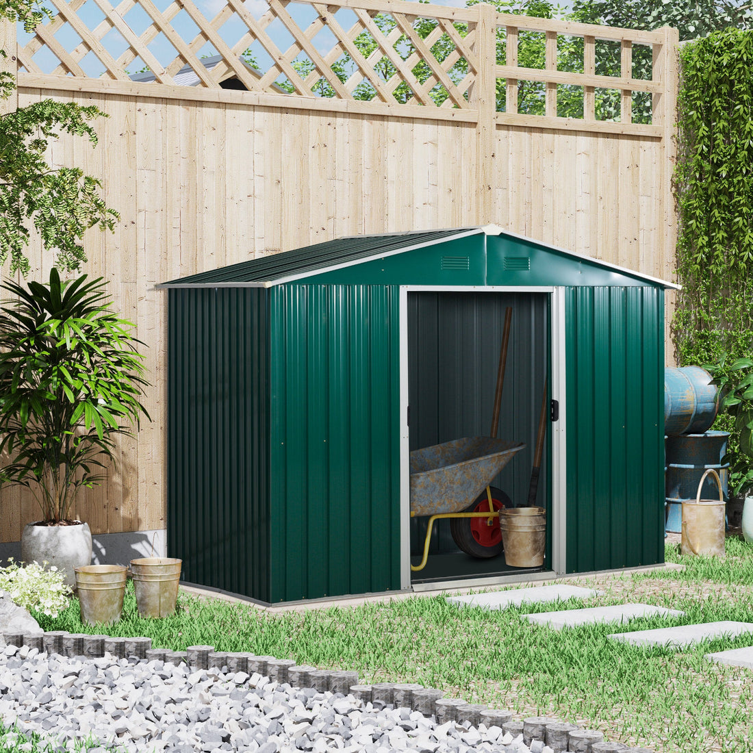 7.7 x 5.7ft Metal Garden Shed with Ventilation Slots and Sliding Doors, Galvanised Outdoor Tool Storage House, Green