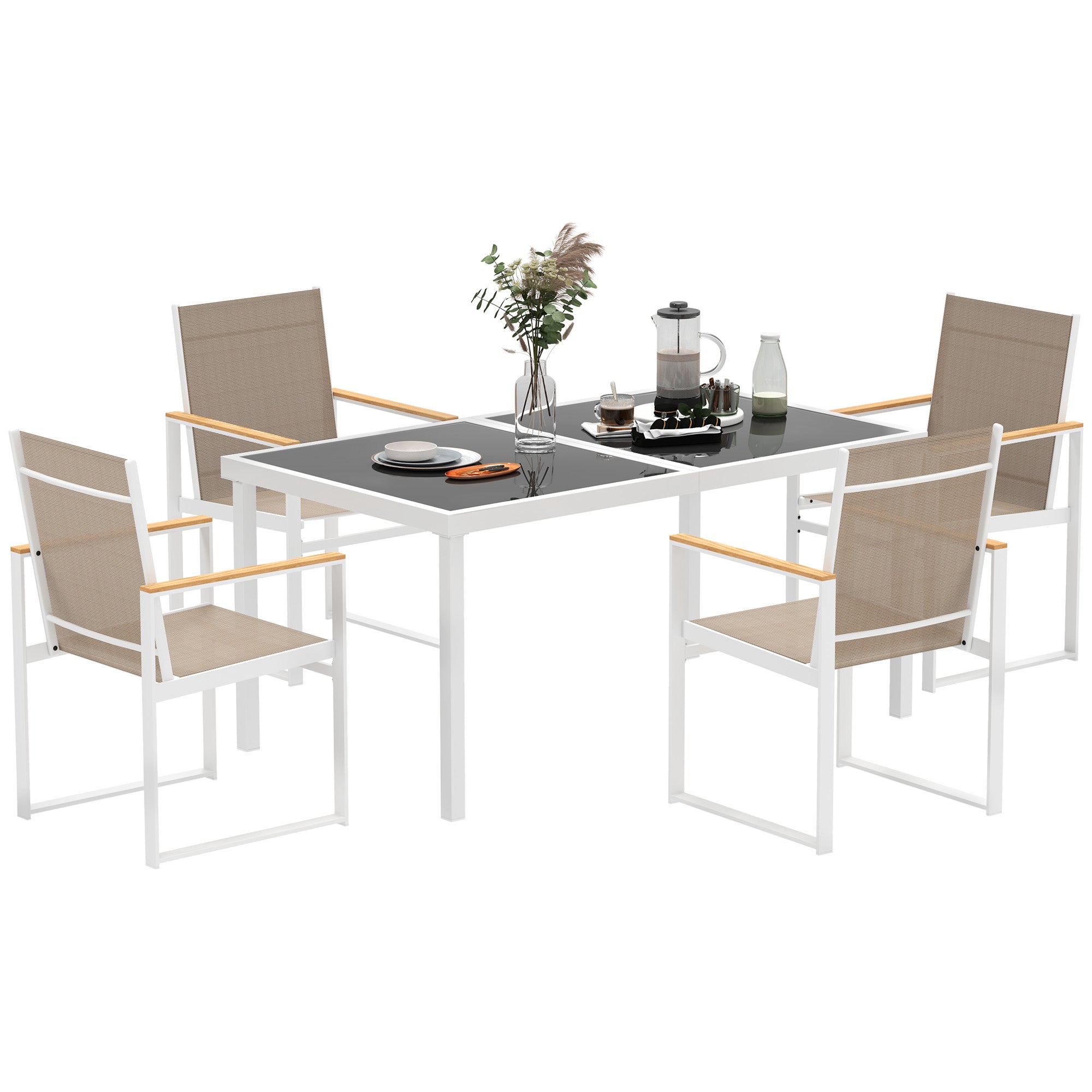 5 Piece Garden Furniture Set with 4 Armchairs and Tempered Glass Table Top, for Deck, Balcony
