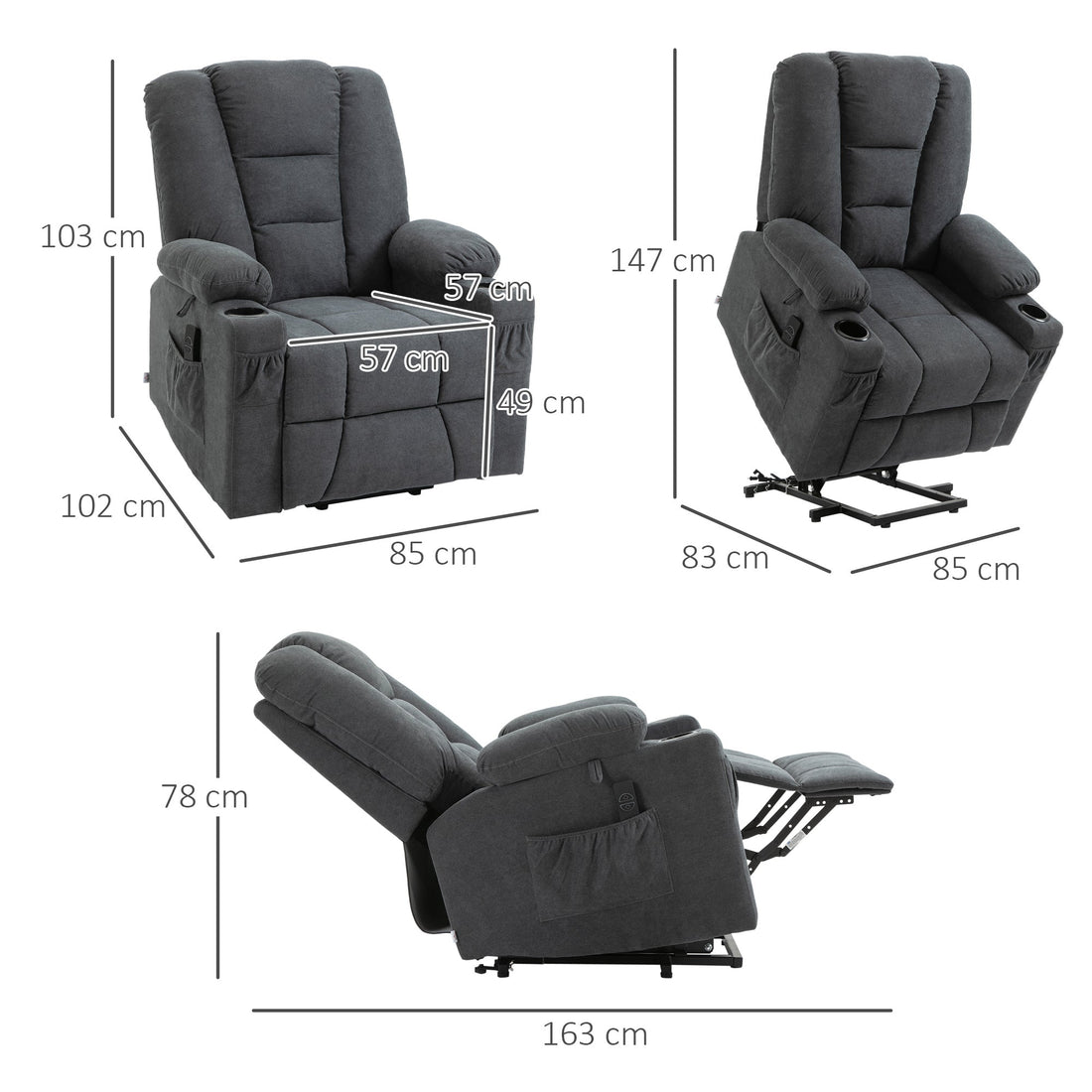 Oversized Riser and Recliner Chairs for the Elderly, Fabric Upholstered Lift Chair for Living Room with Remote Control, Side Pockets, Cup Holder, Charcoal Grey