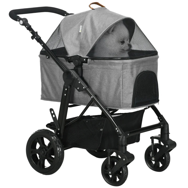 Dog Pram Pet Stroller for Small Dogs Cats, Foldable Dog Pushchair Trolley with Detachable Pet Carrier Bag, Shock Absorber, Adjustable Handlebar, Grey