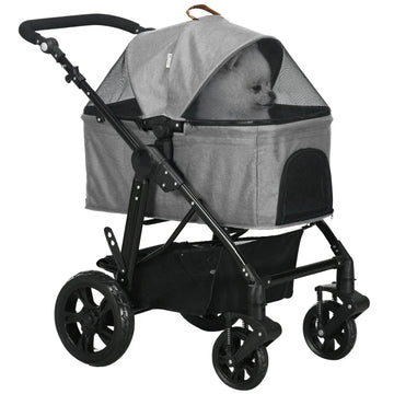 Dog Pram Pet Stroller for Small Dogs Cats, Foldable Dog Pushchair Trolley with Detachable Pet Carrier Bag, Shock Absorber, Adjustable Handlebar, Grey