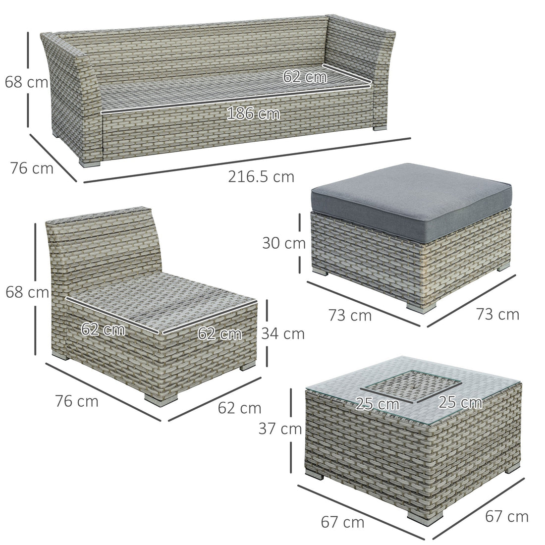5-Seater Patio PE Rattan Corner Sofa Set, Outdoor Wicker Sectional Conversation Aluminum Frame Furniture Set w/ Padded Cushion, Tea Table with Ice Bucket, Light Grey