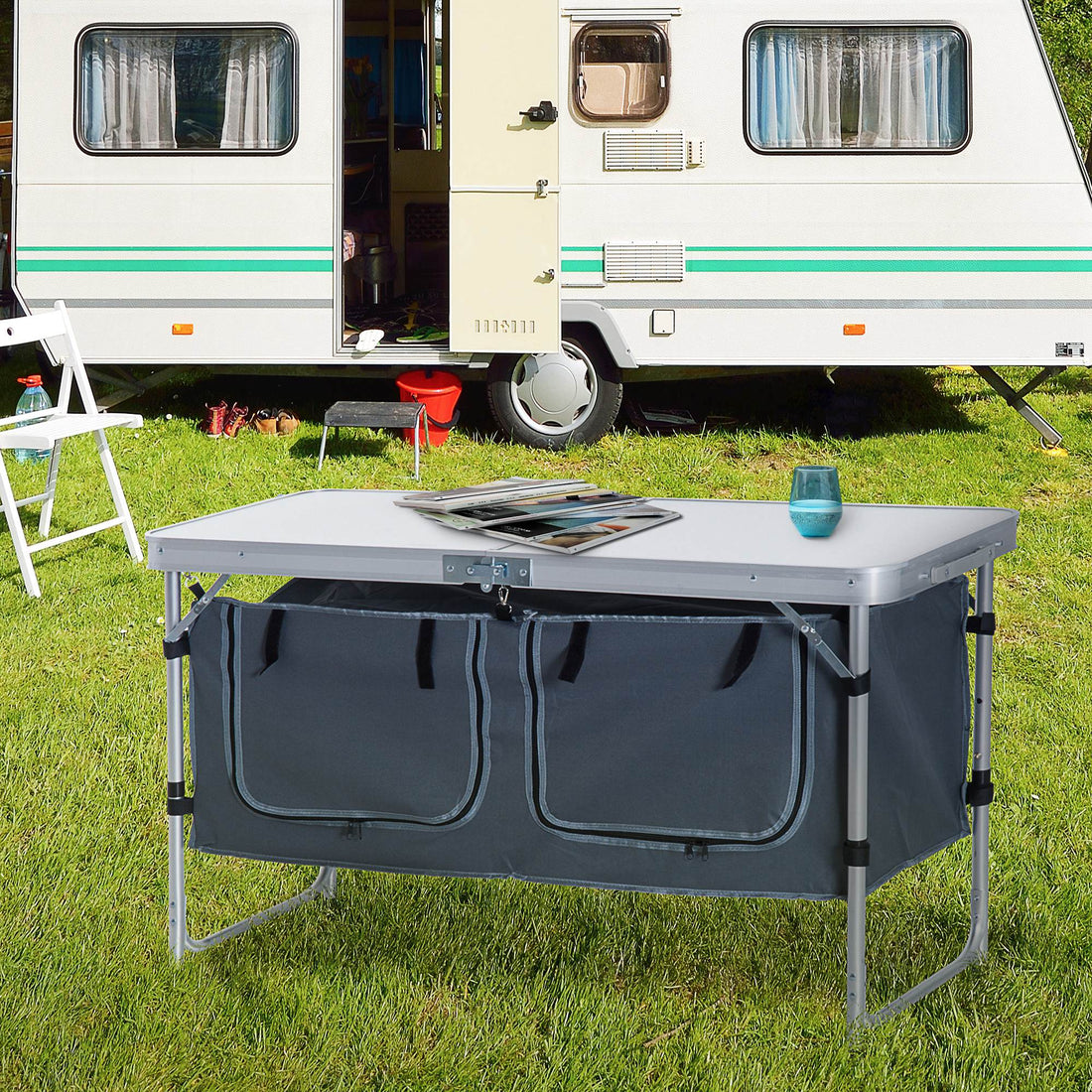 4ft Folding Camping Cupboard Kitchen, Height Adjustable Aluminium Camping Table with Storage, Lightweight Picnic Table for Outdoor Garden BBQ Party