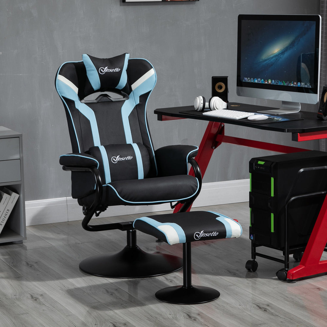 Reclining Chair and Stool Set, Recliner Chair with Headrest, Gaming Chair with Lumbar Support, Pedestal Base for Home Office, Lake Blue