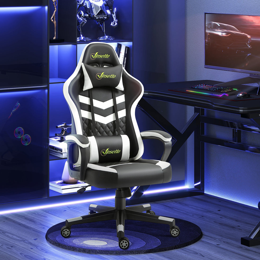 Gaming Chair, Computer Desk Chair with Lumbar Support, Faux Leather Racing Chair with Headrest and Swivel Wheels for Home Office, Black Grey