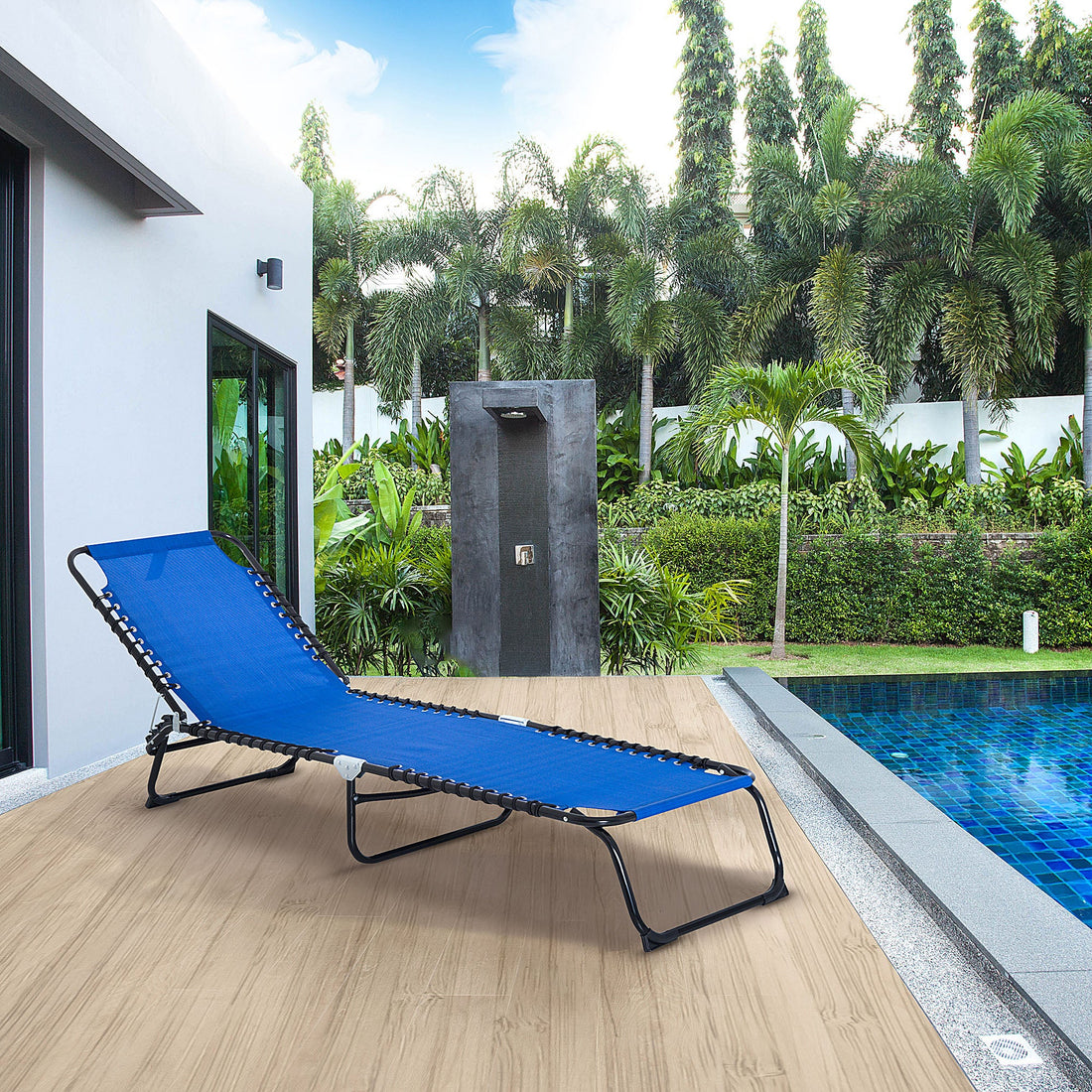 Foldable Sun Lounger, Outdoor 4 Level Adjustable Backrest Reclining Chaise Chair, Steel Frame Recliner Chair for Camping, Hiking, Navy Blue