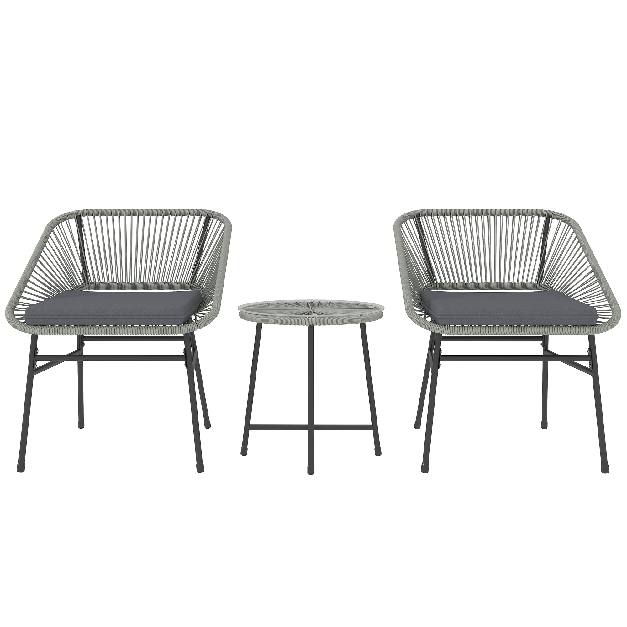 3 Pieces Rattan Bistro Set, Wicker Small Garden Table and Chairs Set with Cushions and Glass Top Coffee Table, Bistro Garden Furniture Set for Outdoor, Patio, Balcony, Light Grey