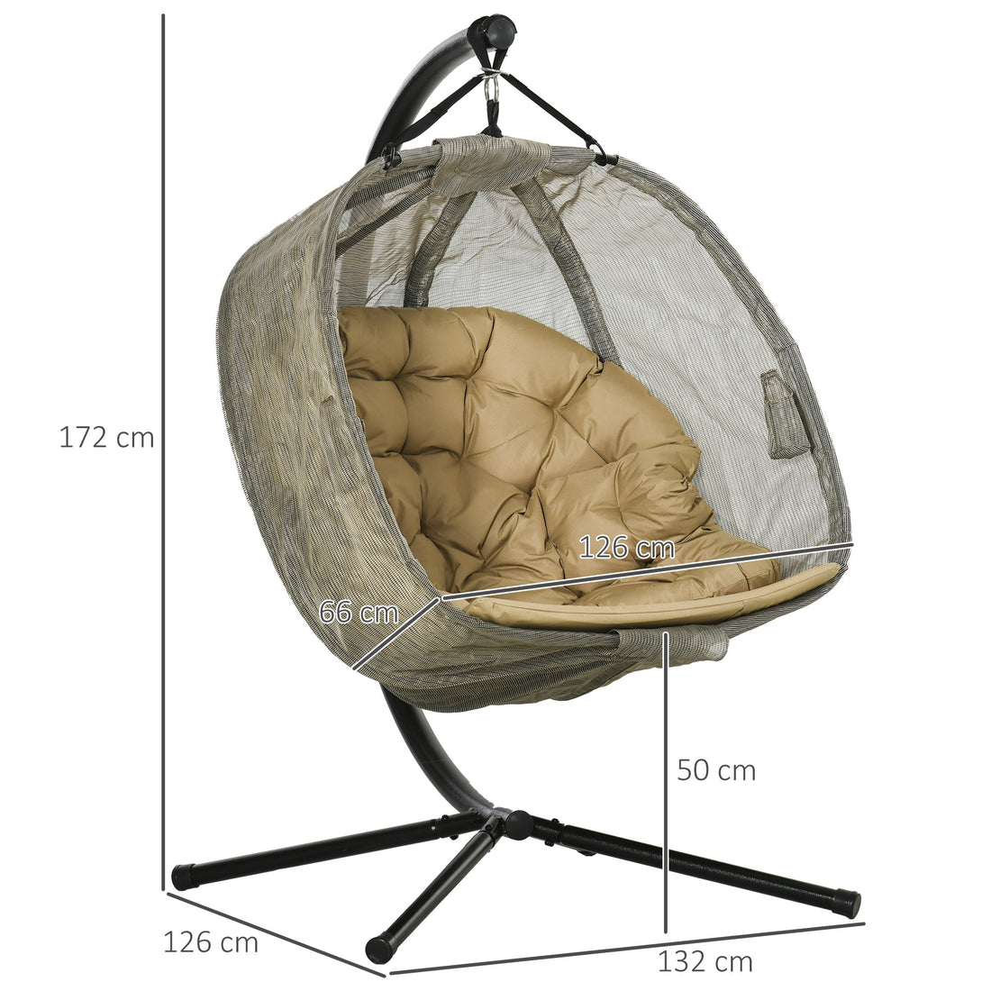 Double Hanging Egg Chair 2 Seaters Texteline Swing Hammock Chair with Stand, Cushion and Folding Design, for Indoor and Outdoor, Brown
