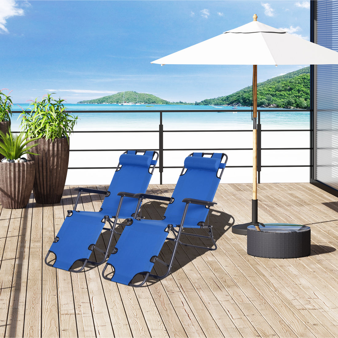 2 Pieces 2 in 1 Sun Lounger Folding Reclining Chair Garden Outdoor Camping Adjustable Back with Pillow, Blue