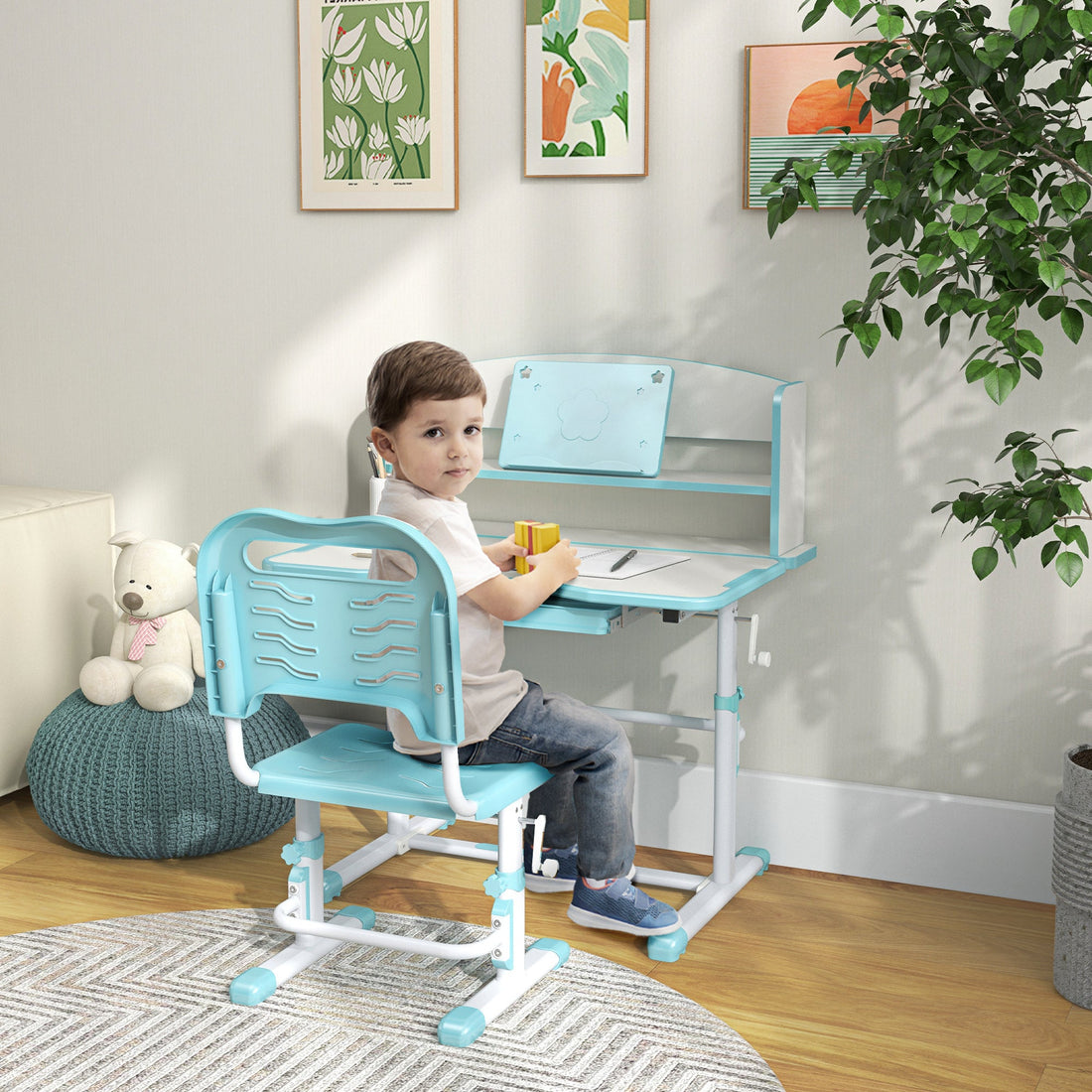 Height Adjustable Kids Study Table and Chair Set, with Drawer, Storage Shelf, 80 x 54.5 x 104 cm, Blue