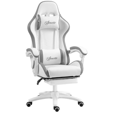 Computer Gaming Chair, PU Leather Desk Chair with Footrest, Swivel Task Chair with 135° Reclining Back and Lumbar Support, PC Chair for Adults, White and Grey