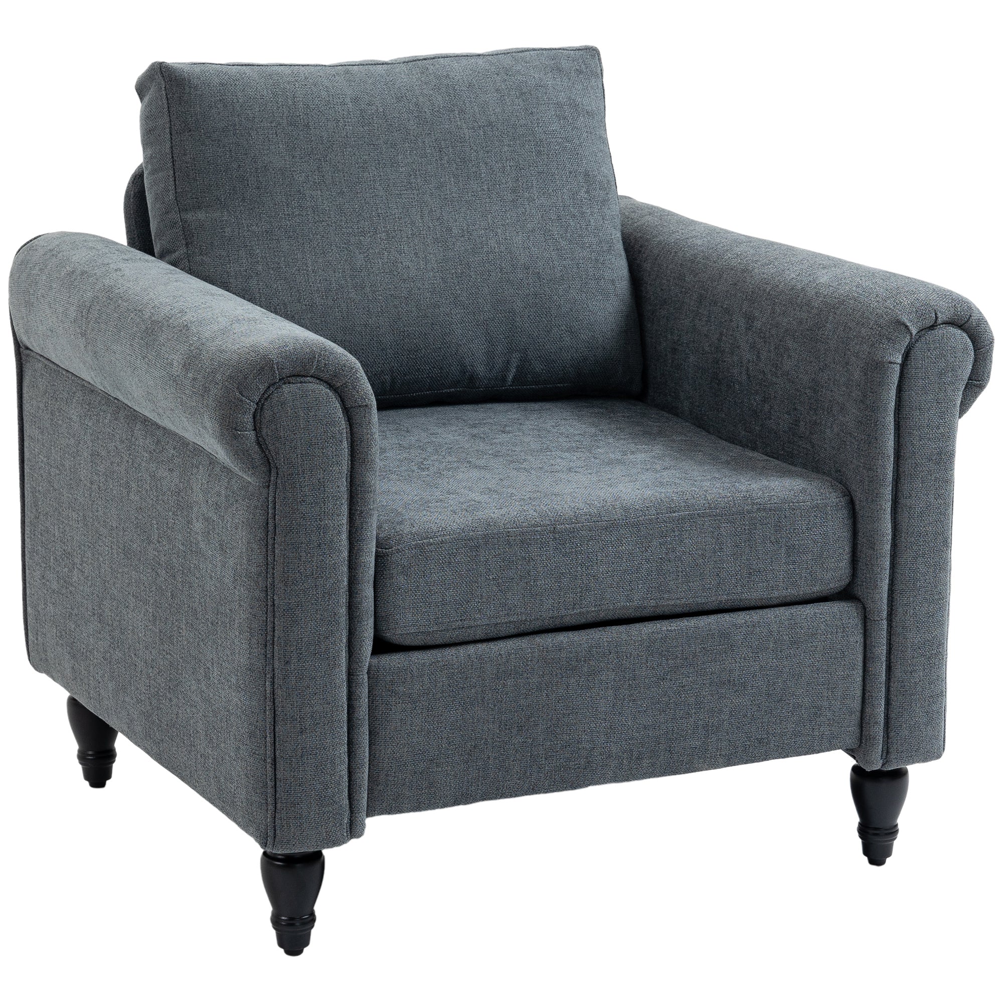 Vintage Accent Chair, Upholstered Occasional Chair with Back Pillow, Rolled Arms, Rubber Wood Legs, Grey